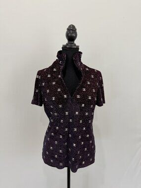 Chanel Coco Neige CC Logo Plum Knit Zip Top 42 NWOT